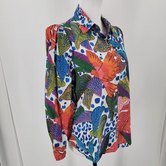 Dress Nado Blouse Women's Small Button Up Colorful Tropical Print Puff Shoulder - Picture 3 of 10